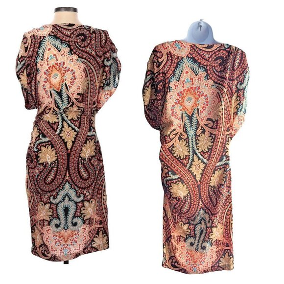 2012 THAKOON Rashida Jones 100% Silk Chiffon Paisley Cowl Sleeve Mini Dress Sz 2 - Picture 11 of 11